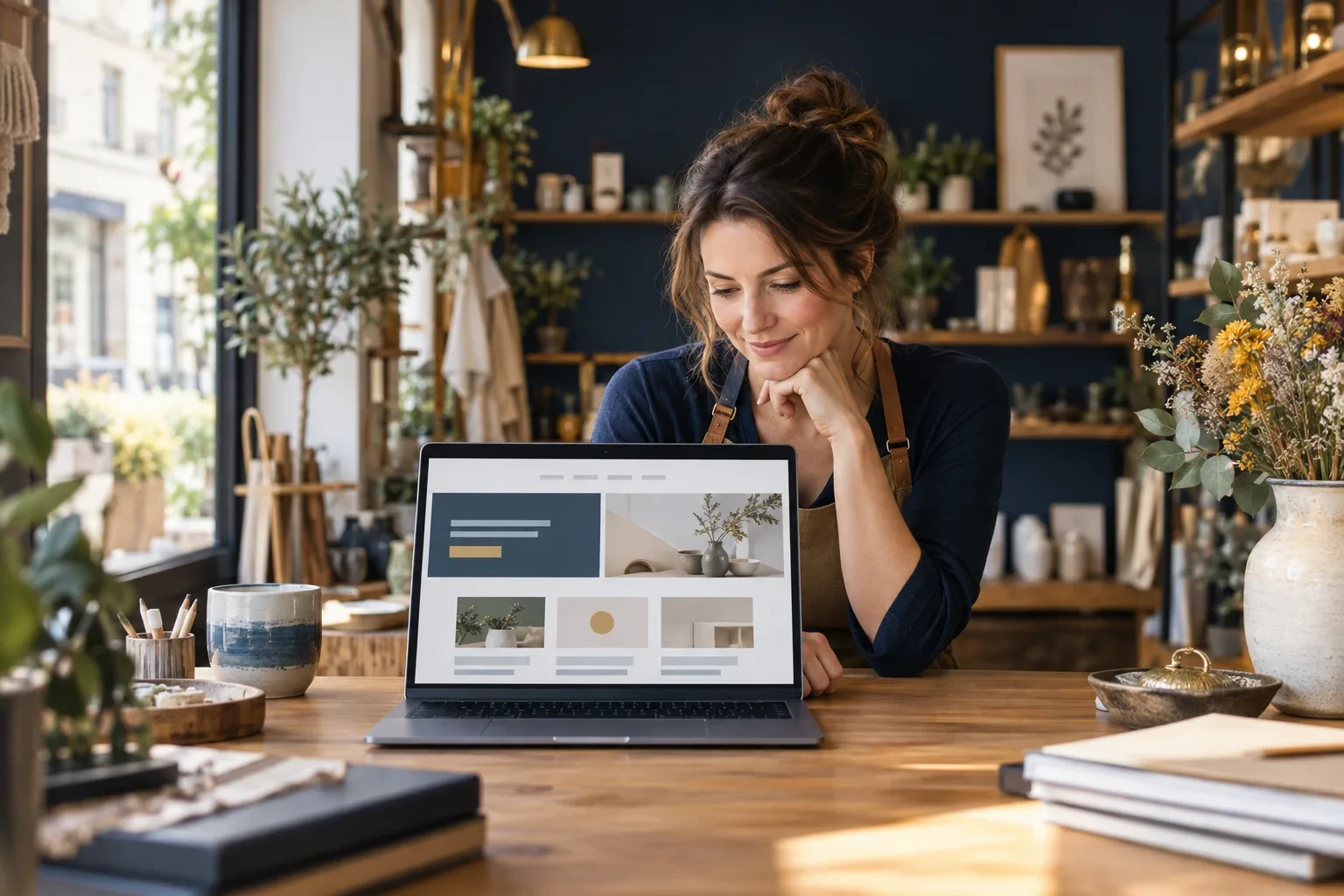Une commerçante prépare la présence en ligne de son activité