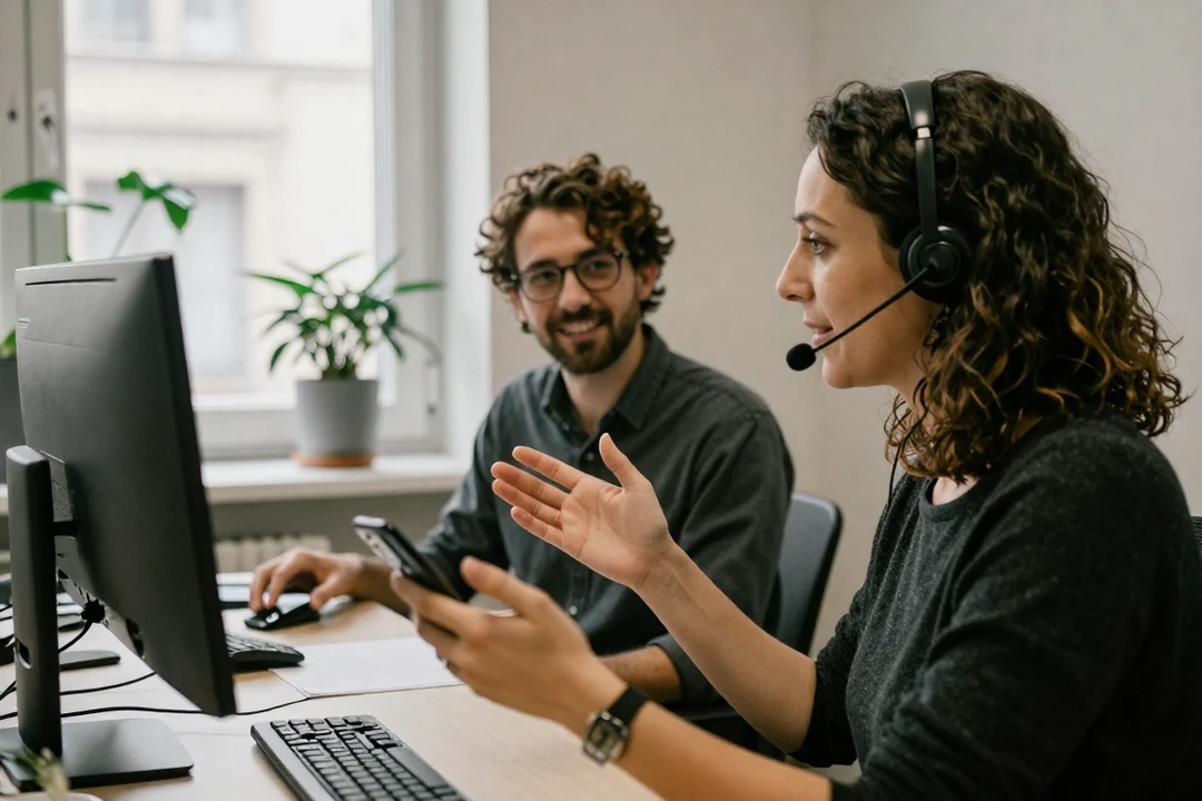 Deux collègues du support client réunissant les canaux de contact